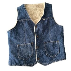 Vintage 70s Nelson Columbus Western Wear Vest Denim Sherpa Mens M Cowboy Ranch